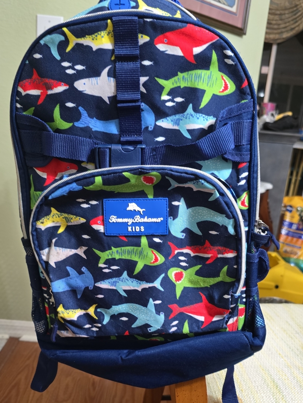 Tommy Bahama Kids Navy Backpack with Multicolor Shark Print